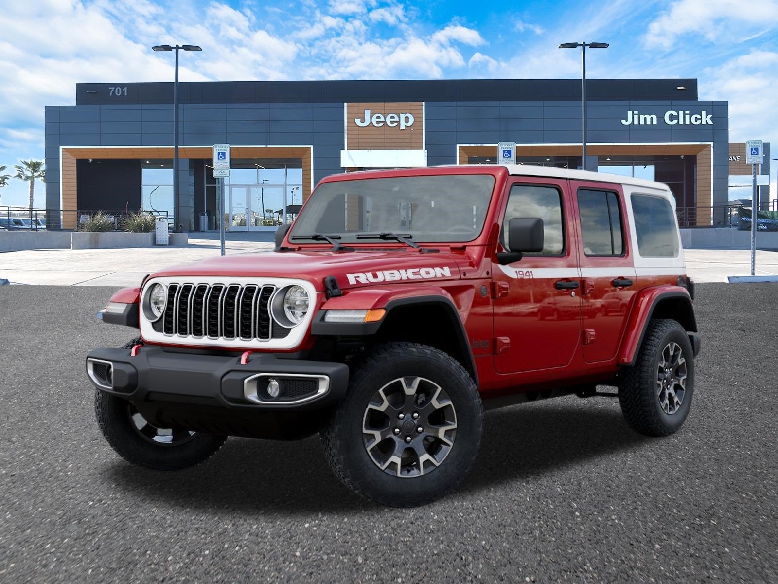 2026 Jeep Wrangler WRANGLER 4-DOOR SAHARA in Firecracker Red Clear-Coat Exterior Paint — front three-quarter view