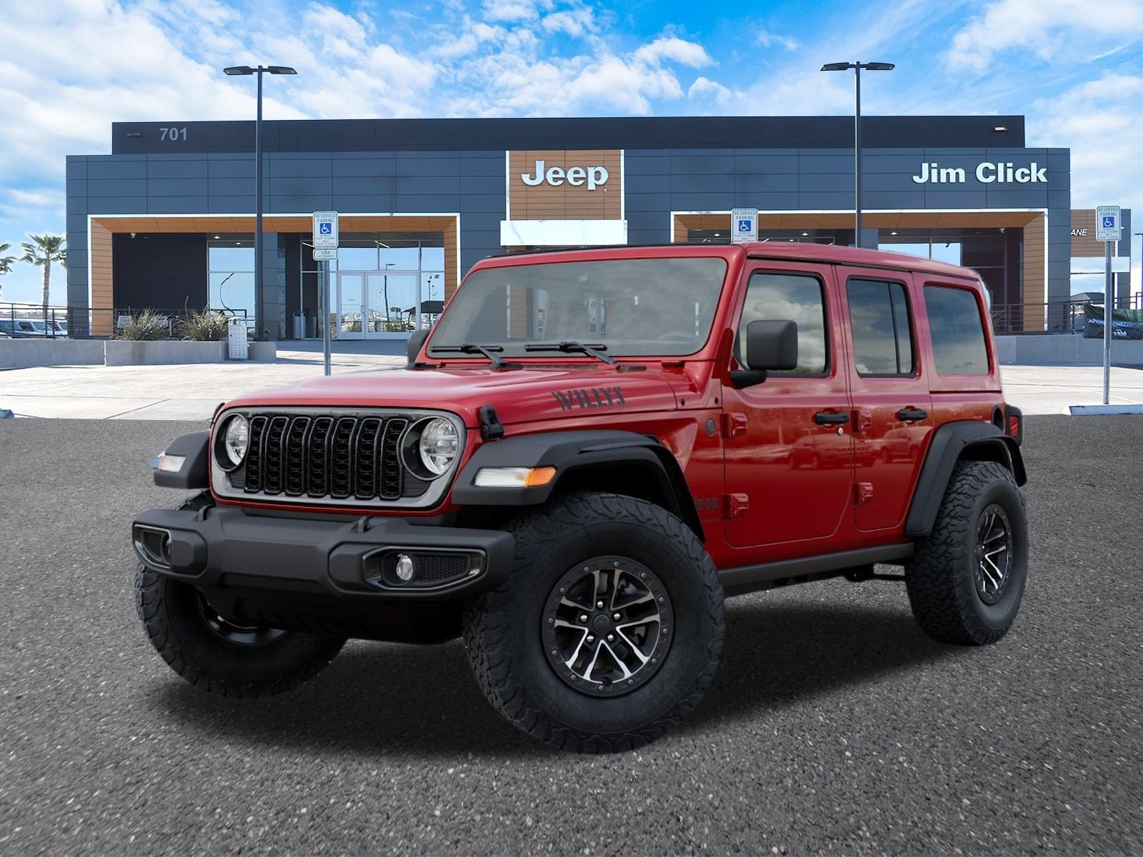 2026 Jeep Wrangler WRANGLER 4-DOOR WILLYS in Firecracker Red Clear-Coat Exterior Paint — front three-quarter view