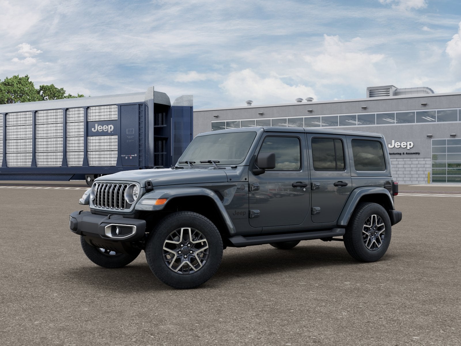 2026 Jeep Wrangler WRANGLER 4-DOOR SAHARA in Anvil Clear-Coat Exterior Paint — front three-quarter view